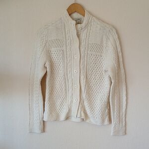 L.L. Bean White Chunky Cable Knit Button Down Cardigan Cotton